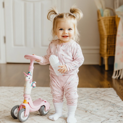 A cute girl in pink pajamas with pigtails