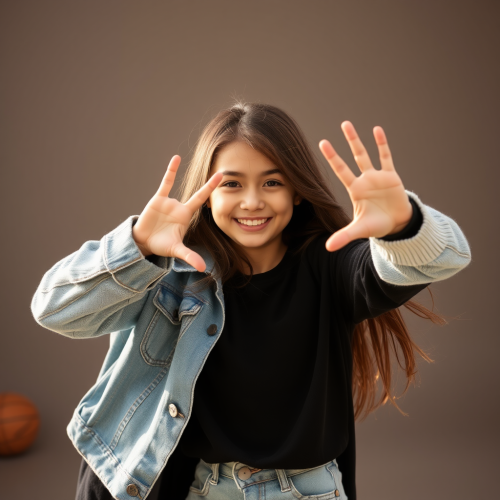 A cute girl strikes a dynamic pose.