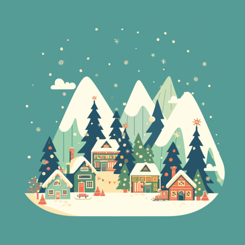 A cute old snowy village with Christmas trees