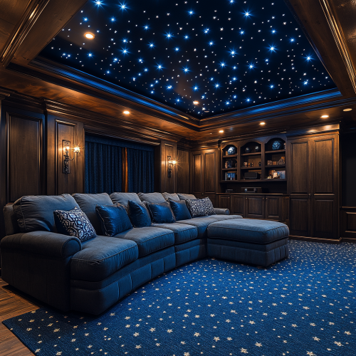 A dark and cozy home theater with LED lights