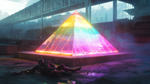 A dead cyborg ape on floating cyberpunk platform