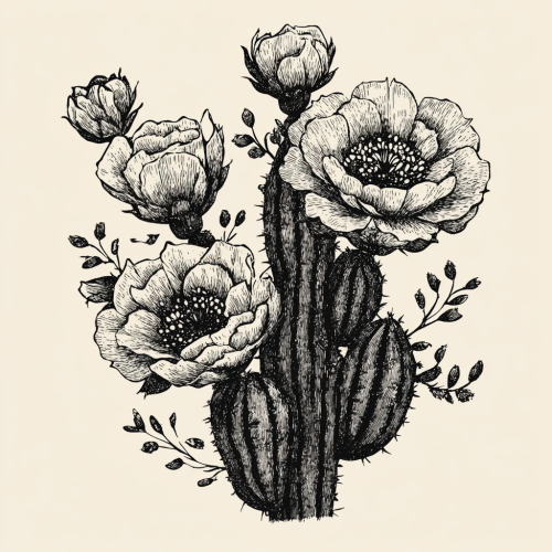 A delicate, feminine cactus illustration in black ink