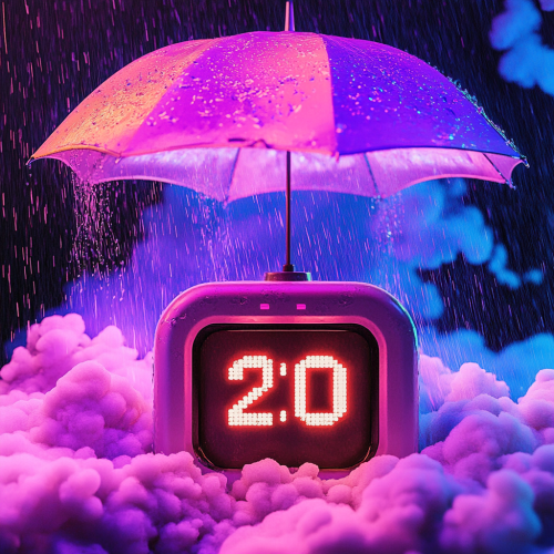 A desk clock showing 2:00 in clouds