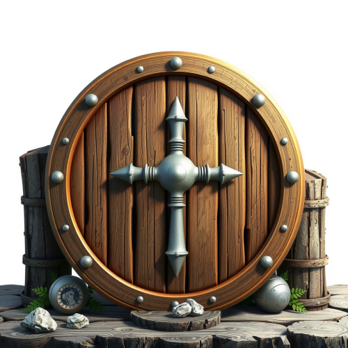 A detailed 3D shield made of wood and metal.