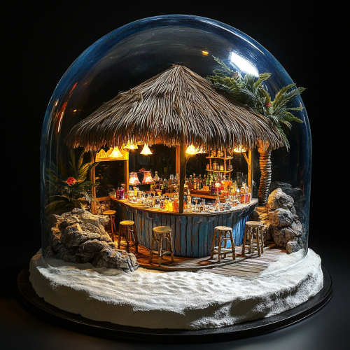 A detailed beach bar diorama under glass dome.
