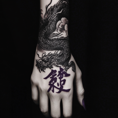 A detailed black fire dragon tattoo with Chinese characters