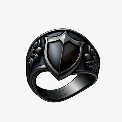 A detailed dark metal ring with shield design.