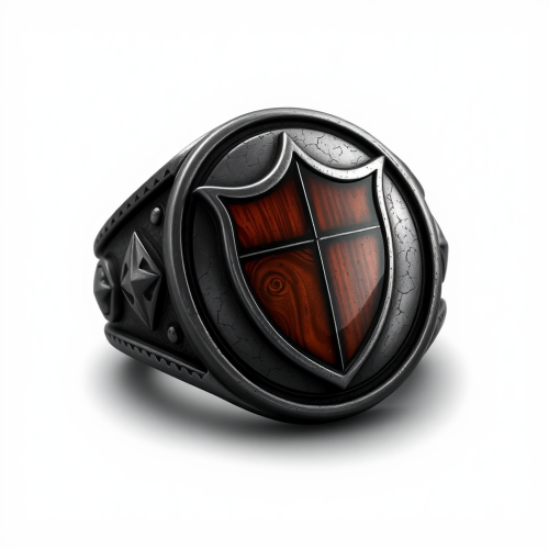 A detailed dark metal ring with shield design.