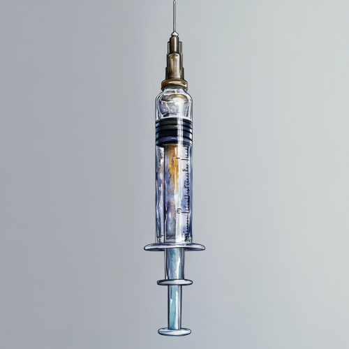 A detailed watercolor of syringe on gray background