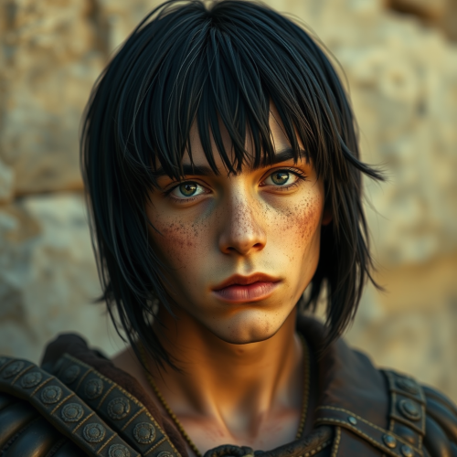 A dirty faced medieval teen with bob haircut.