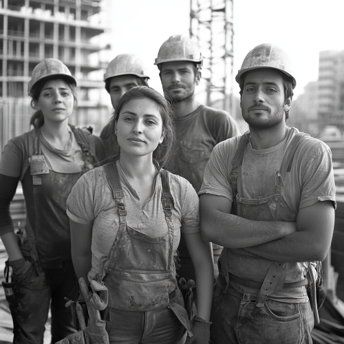 A diverse group of construction workers standing proudly together.