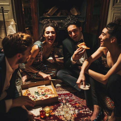 A diverse group of young adults eating pizza