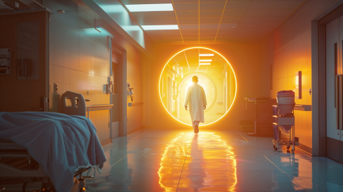 A doctor steps through portal from old to new
