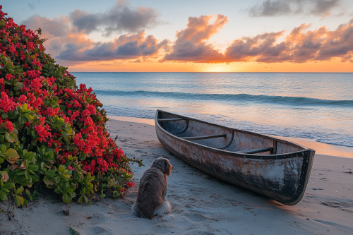 A dog on a beach at sunset