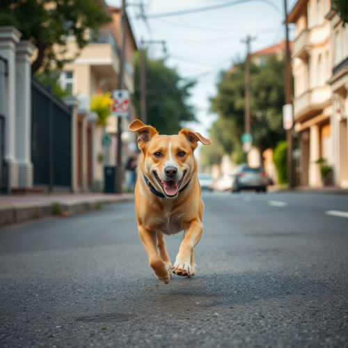 A dog running on the street.