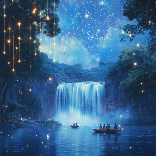 A dreamy waterfall scene with glowing trees and stars.