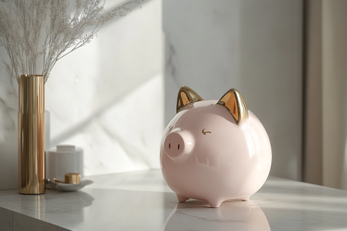 A elegant pink piggy bank with gold accents