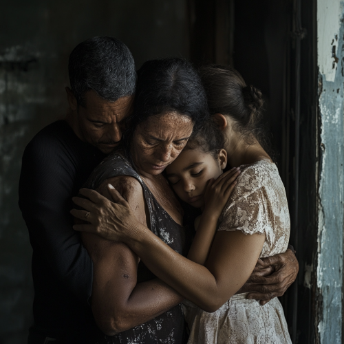 A family in old house hugging
