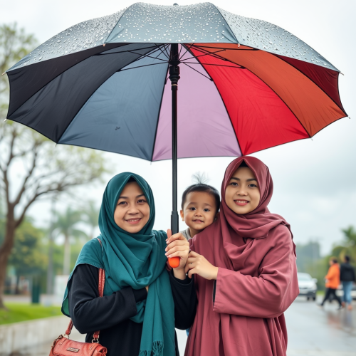 A family wearing hijab under an umbrella.