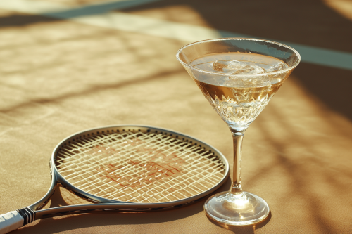 A fancy martini on tennis racket in retro-chic court