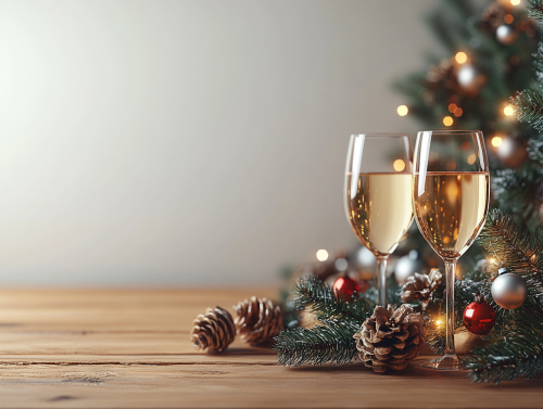 A fancy table with glasses and Christmas decorations