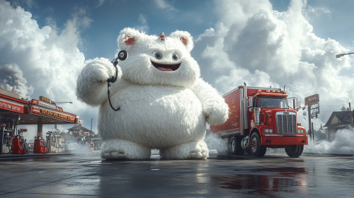 A fantasy RPG game character fuels a truck.