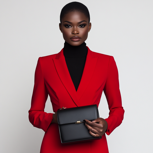 A fashionable black woman in red suit poses confidently