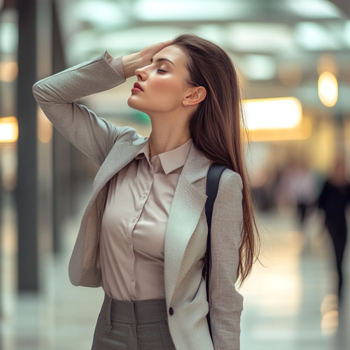 A fashionable woman rush to work, harming health.