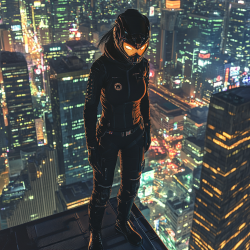 A female Asian superhero in dragon mask stands tall