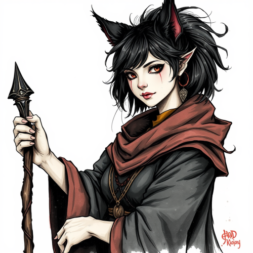 A female cat sorcerer with dark fur and staff.