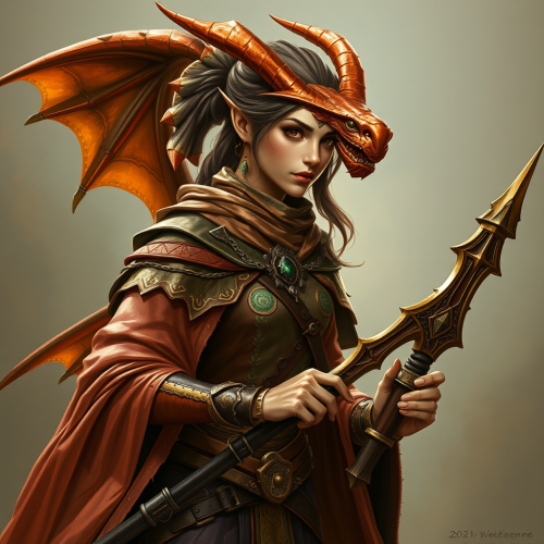 A female dragonborn bard with copper scales.