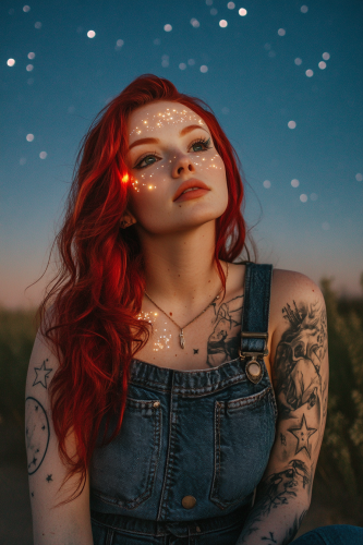 A female half elf druid with wavy red hair