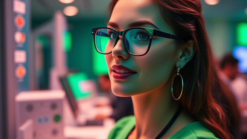 A female hostess in green clothes for congress.