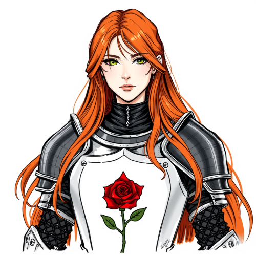 A female knight with long auburn hair.