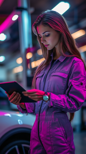 A female mechanic is checking Tesla diagnostics
