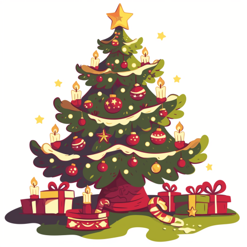 A festive Christmas tree with colorful decorations and gifts