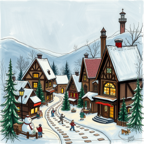 A festive Christmas village sketch.