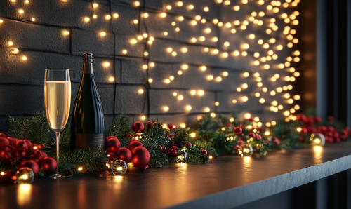 A festive table with champagne glasses and decorations