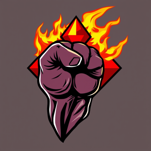 A fiery fist holds a red diamond.