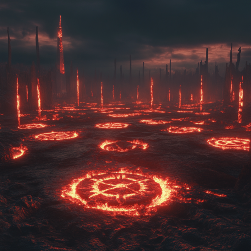 A fiery landscape filled with evil symbols
