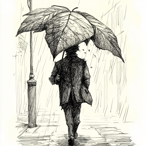 A figure with leaf umbrella walks in rain