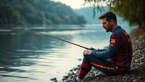 A football player in Barcelona jersey fishing by river. A football player in Barcelona jersey fishing by river.