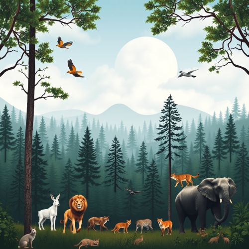 A forest with various animals under clear sky. A forest with various animals under clear sky.