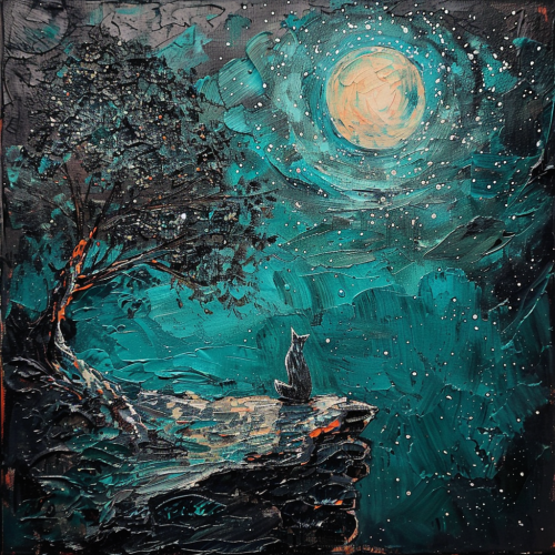 A fox gazes at full moon on cliff