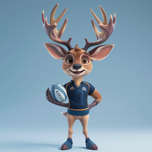 A friendly stag in rugby uniform holding ball.