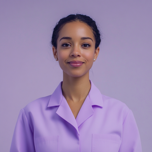 A friendly woman in a purple lab coat