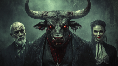 A frightening movie poster with bull, vampire, priest