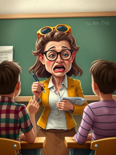 A funny teacher teaches students with exaggeration.
