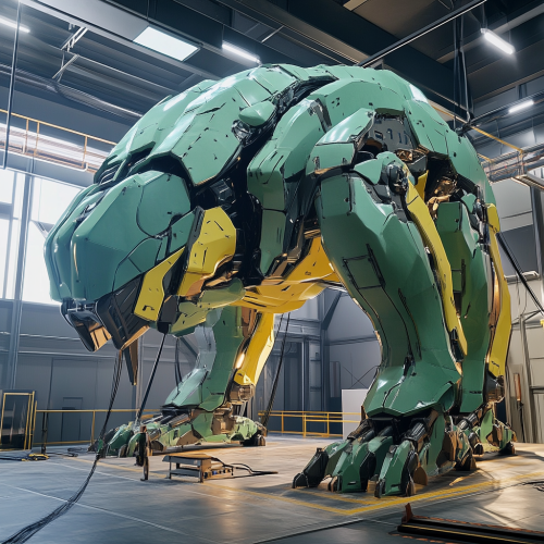 A futuristic green mech resembling a tyrannosaurus
