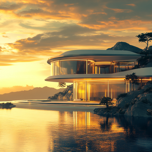 A futuristic mansion at sunset with opulent pool